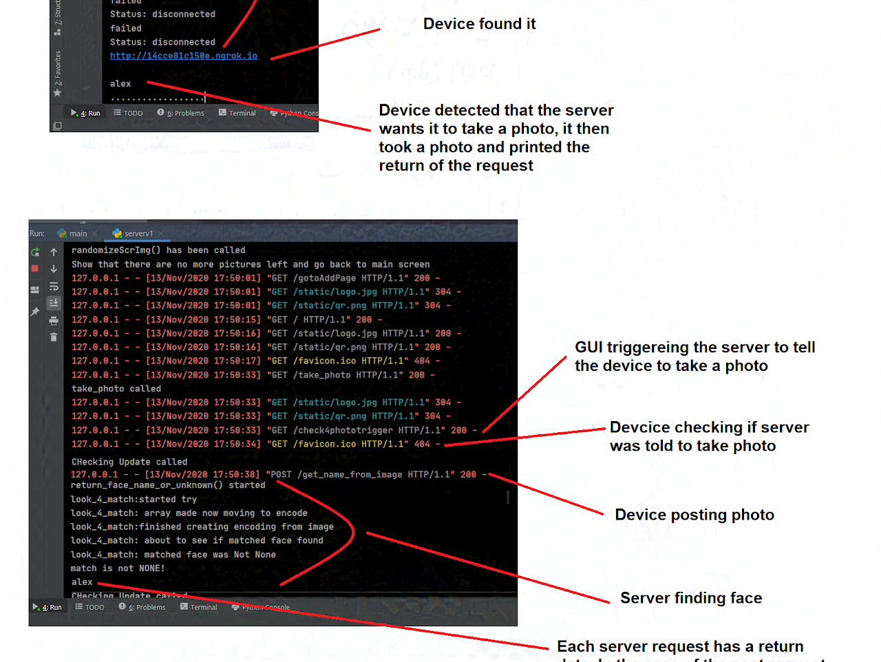 Annotated terminal log of the face-recognition device