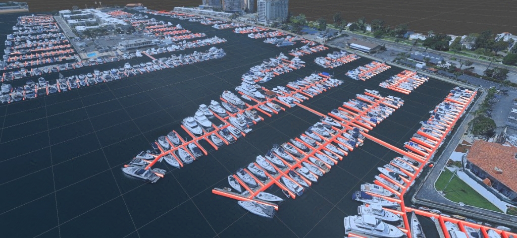 Marina del Rey docks annotated in red from OSM vector data overlaid on Google Maps 3D tiles